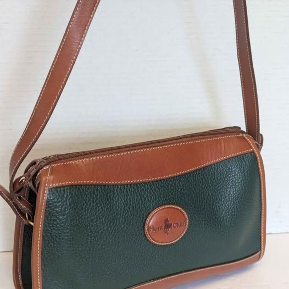 Classic Vintage Tan Saddle & Green Leather Hunt Club Crossbody Bag Purse 11x7